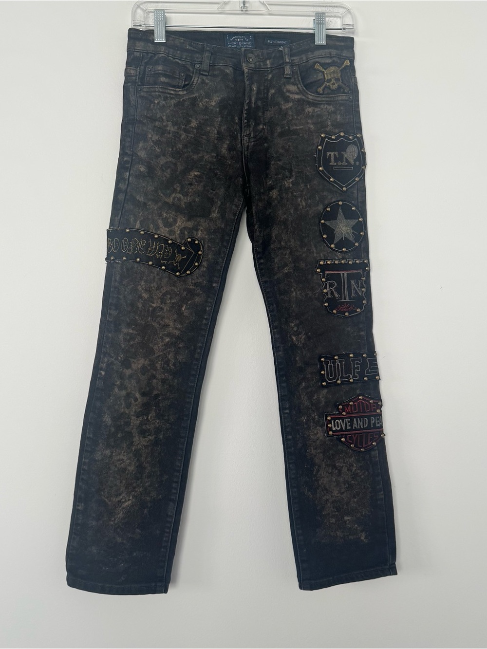 Lucky Brand Billy Straight Jeans Youth 14 Moto Biker Skull Patches Artsy 28x27